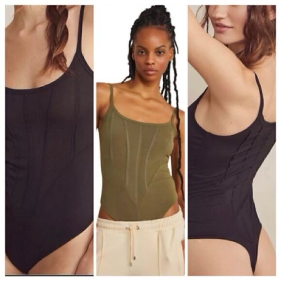 NWOT Free People That Girl Corset Bodysuit Scoop Neck Thong Stretch Olive Thong - Picture 1 of 7